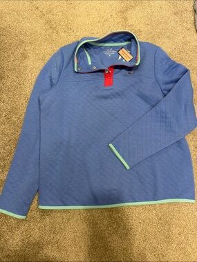 Vineyard Vines Blue Quilted Pullover with Mint Trim and hot pink Placket